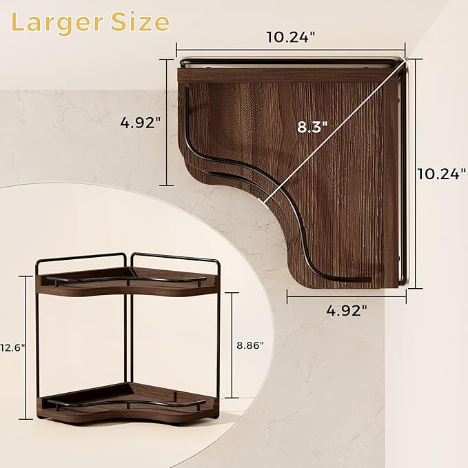 2-Tier Corner Bathroom Counter Organizers, Stable Wood Vanity Shelf for Perfume, Skincare & Makeup, Larger Size Countertop Organizer and Storage for Bathroom, Kitchen and Dresser(Dark Brown)