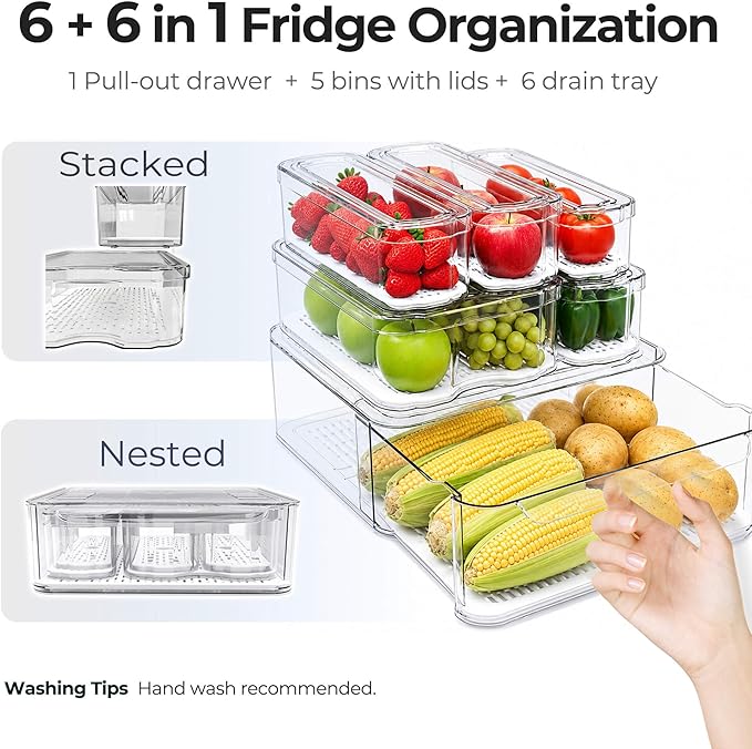 SMRCAD 6 Pack Refrigerator Organizers, Clear Pull-out Drawer Container and Organizer Bins with Lids, Stackable Storage Containers for Fruits, Vegetable (Set of 6 (Include Pull Out Drawer))