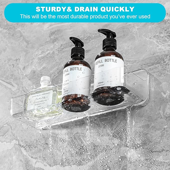 CGBE Adhesive Long Shower Caddy: Stick Hanging Acrylic Organizer Shelves - 2-Pack Modern Wall-Mounted Holder for Girls, Men & Kids - Bathroom Wall Bathtub