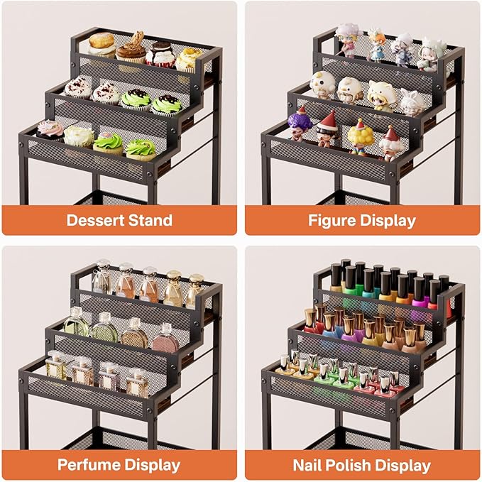 Display Riser Stand Perfume Cologne Organizer, 13in Rolling Makeup Storage Cart with Fabric Drawers, Floor Vanity Cosmetics Display Cases for Skin Care Nail Polish Figures Rustic Brown