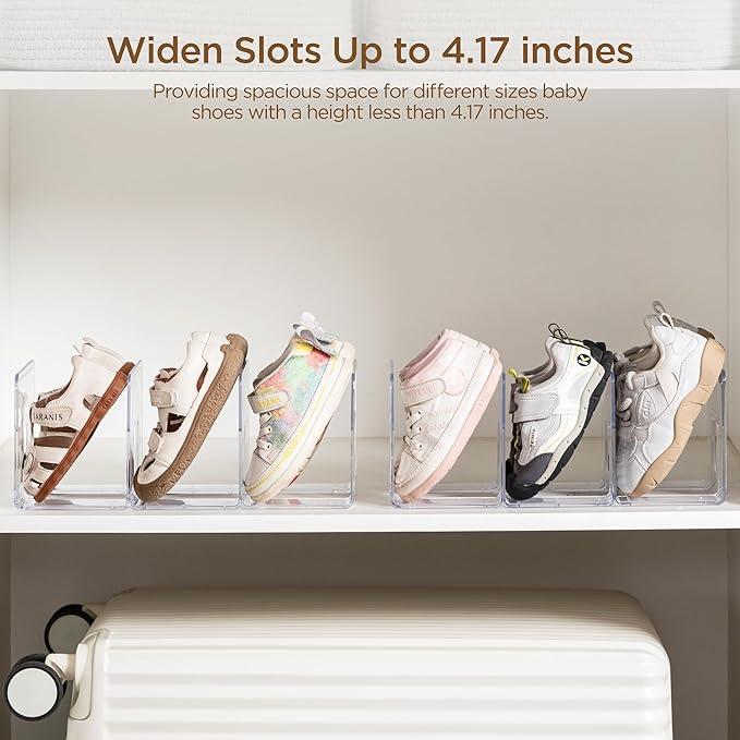 HBlife Widened 4.17 Inch Clear Acrylic Kids Shoe Rack for Closet Organizers and Storage, Small Shoe Rack 3 Sections Toddler Baby Shoe Storage Organizer Shelf, Desk File Book Purse Organizer(4 Pack)