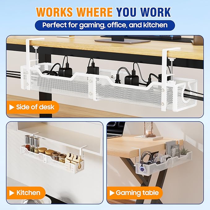 Upgraded 25.2'' Under Desk Cable Management Tray, No Drill Clamp-On Design Wire Organizer, Cable Organization Box for No Damage to Desk, Metal Cord Organizer for Home Office, White