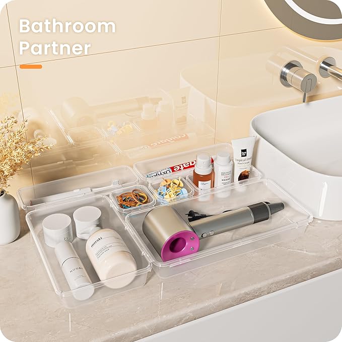 A-LuGei 【Military Grade Drawer Organizer, 【𝟱𝗦𝗶𝘇𝗲】 Makeup organizer, 【Holds 177 Items】 Bathroom Organizers and Storage, Organization and Storage, Desk Drawer Organizer for Vanity (Clear)