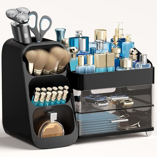 Cologne Organizer for Men Makeup Organizer with Brush Holder for Vanity, Black
