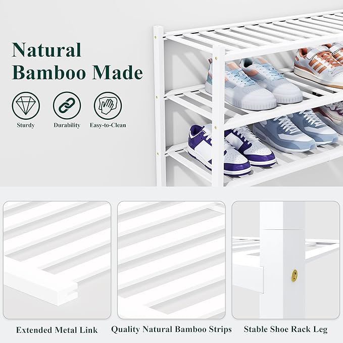 Smiry Bamboo Shoe Rack, 3 Tier Free Standing Wooden Shoe Organizer, Stackable Wood Shoe Storage Shelf for Closet, Entryway, 14 Vertical Slats, 2+1 Stack Heavy-Duty Legs, 26.8"x11"x19.5", White