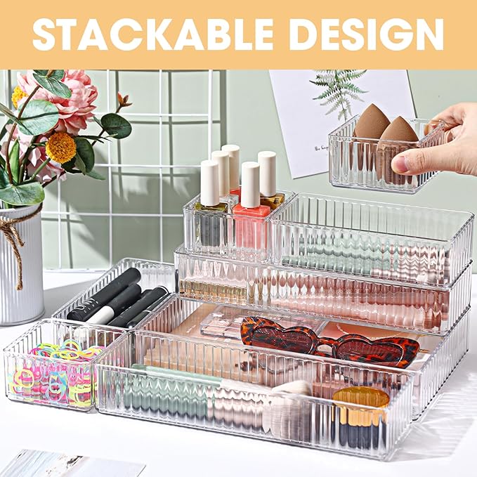 Teenyyou 18 Pcs Drawer Organizer Stackable 4 Size Makeup Drawer Organizer Trays Acrylic Bathroom Vanity Storage Bins for Cosmetic, Jewelries, Office Supply, Kitchen Utensils(Clear,Stripes)