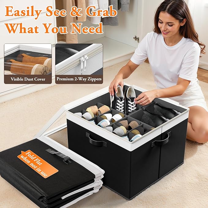 StoreHappily Shoe Organizer for Closet - 2 Packs Hold up to 32 Pairs, Large Shoe Storage Organizer Containers with Adjustable Dividers, Clear Cover, Leather Handles for Heels, Boots, Sneakers (Black)