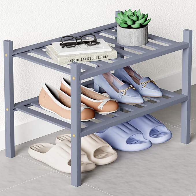 Smiry Bamboo Shoe Rack for Closet, 2 Tier Small Wooden Shoe Organizer, Stackable Wood Shoe Storage Shelf for Entryway, 14 Vertical Slats, One-piece Heavy-Duty Legs, 17.32"x11.02"x12.99", Grey
