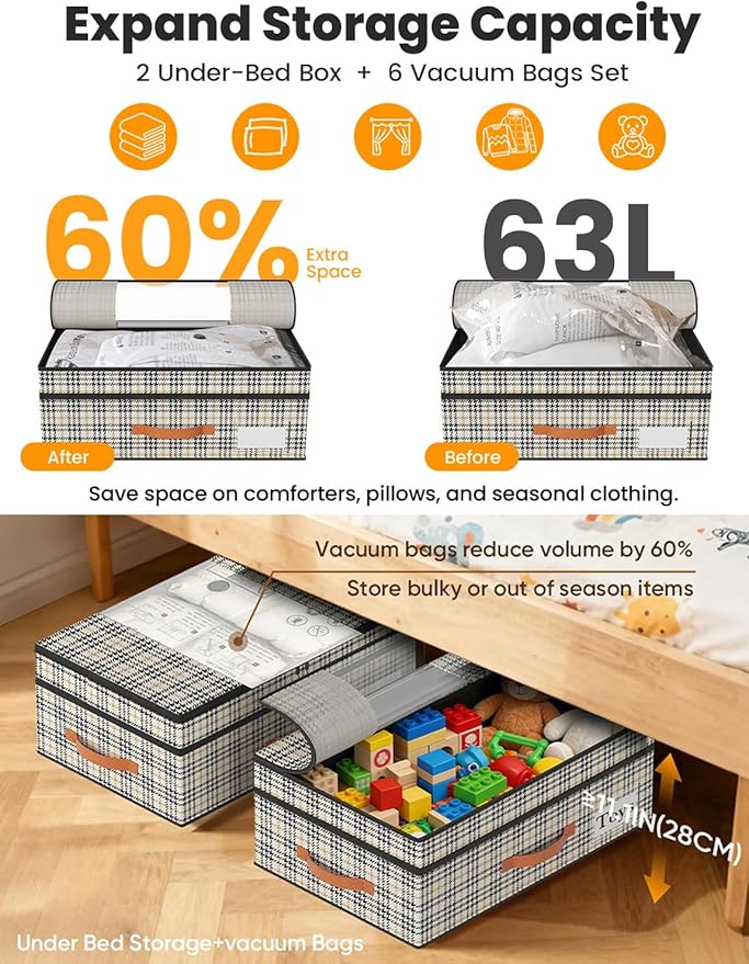 TOSKING 2-Pack Under Bed Storage Drawers with Wheels, 6 Vacuum Bags, Adjustable Height 7.9-10.2", 63L/80 lbs Clear Lid Rolling Bin, 900D Oxford, Space Saver for Dorm Bedroom Clothes Shoes, Houndstooth