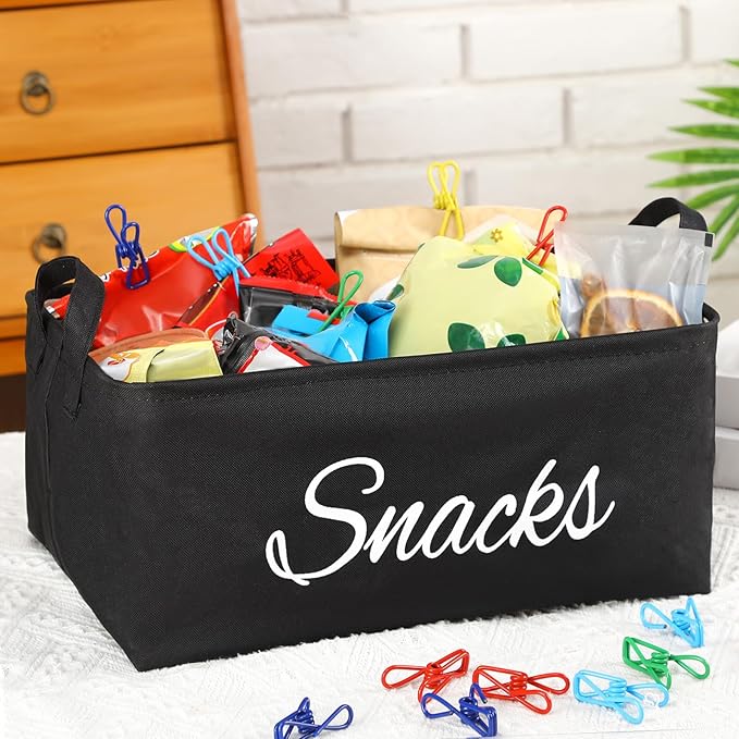 Newtay 17 Pcs Snack Basket Sets, Snack Storage Bin for Pantry Shelves with 16 Pcs 2 Inch Chip Clips, Basket Organizer for Kitchen Home, Chips, Popcorn, Candy, Pretzels(Burlap,Black)