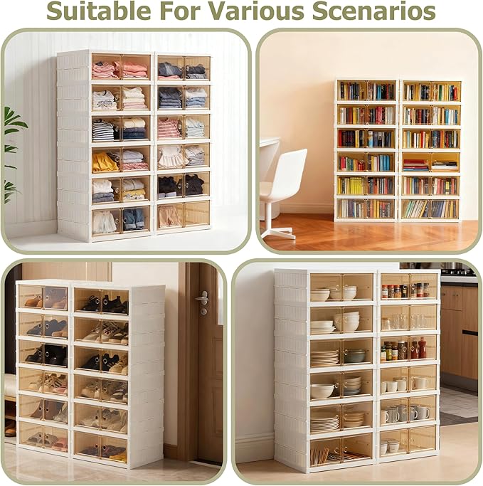 Foldable Shoe Rack Organizer Collapsible Shoe Storage Organizer with Doors, Large Plastic Folding Shoe Rack, Clear Shoe Storage Boxes Easy Assembly Shoe Cabinet for Entryway (2 x 6 Tiers-12 Pairs)