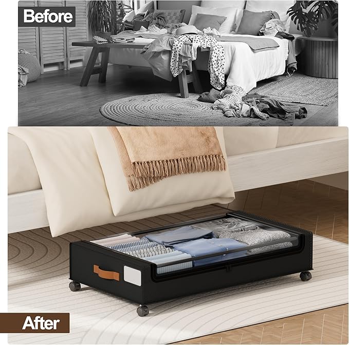LAMU Under Bed Storage with Wheels, 4 Pack Under Bed Storage Containers with Clear Lid, XXL 60 L Underbed Storage Bins, Rolling Under Bed Metal Drawers for Clothes, Blankets, Shoes, Black