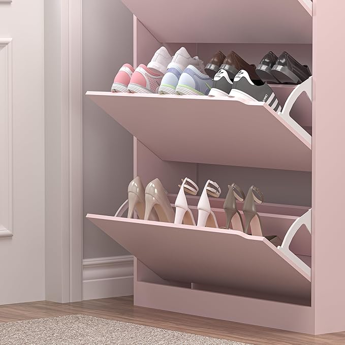 Shoe Cabinet with 3 Flip Drawers, Hidden Wood Shoe Cabinet, Pink