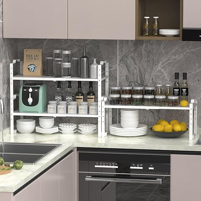 Jojocross Expandable Shelf for Cabinet Organizer Adjustable Stackable Spice Rack at Kitchen and Bathroom More, Counter Countertop Cupboard Organization Pantry Storage (1 Pack/White, Large)