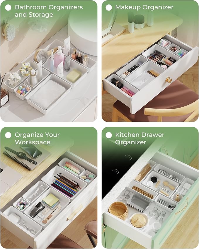 25 PCS Plastic Drawer Organizers Set, 4-Sizes Vanity and Makeup Organizer, White
