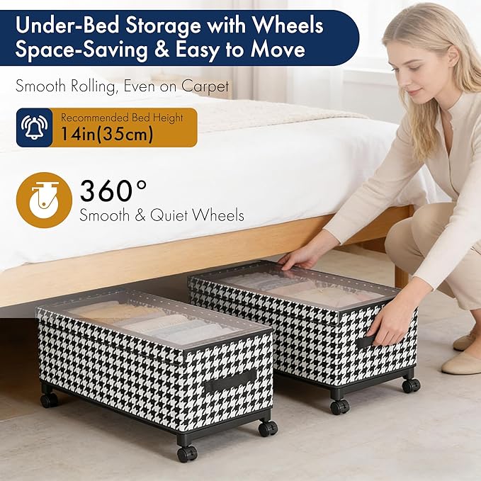Under Bed Storage with Wheels, 65L Adjustable Underbed Bins 30.3×11.4×11.8" for Clothes Shoes Blankets (white)