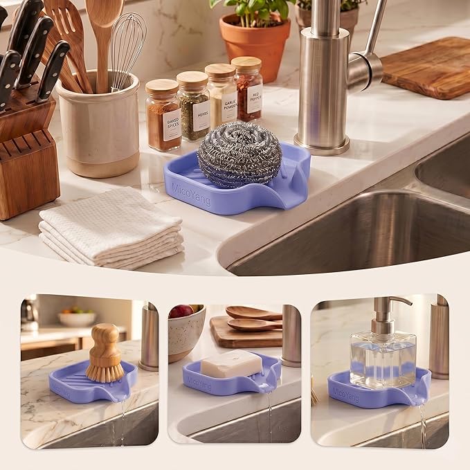 MicoYang Silicone Soap Dish with Drain Spout — Self-Draining Sink Organizer Tray for Bathroom & Kitchen, Holds Bar Soap, Sponges & Dispensers, Non-Slip & Dishwasher Safe,Light Purple(Small,4.9"×3.2")