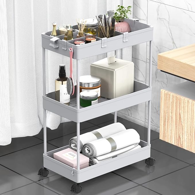 3 Tier Rolling Cart with Wheels, Gray
