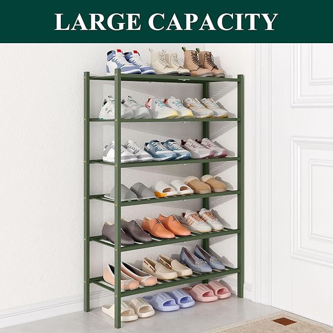 Bamboo Shoe Rack for Closet, 6 Tier Wooden Shoe Organizer, Green
