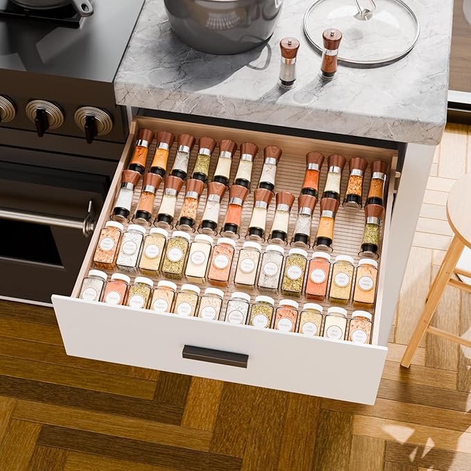 Yieach 4 Pack Adjustable In Drawer Spice Organizer - Expandable From 11'' to 22'' - Acrylic Drawer Seasoning Organizer,Clear Spice Organization Tray for Cabinet Drawers Condiment,Nail Polish and Jar