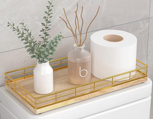 Toilet Paper Basket Organizer, Gold & Nature Oak