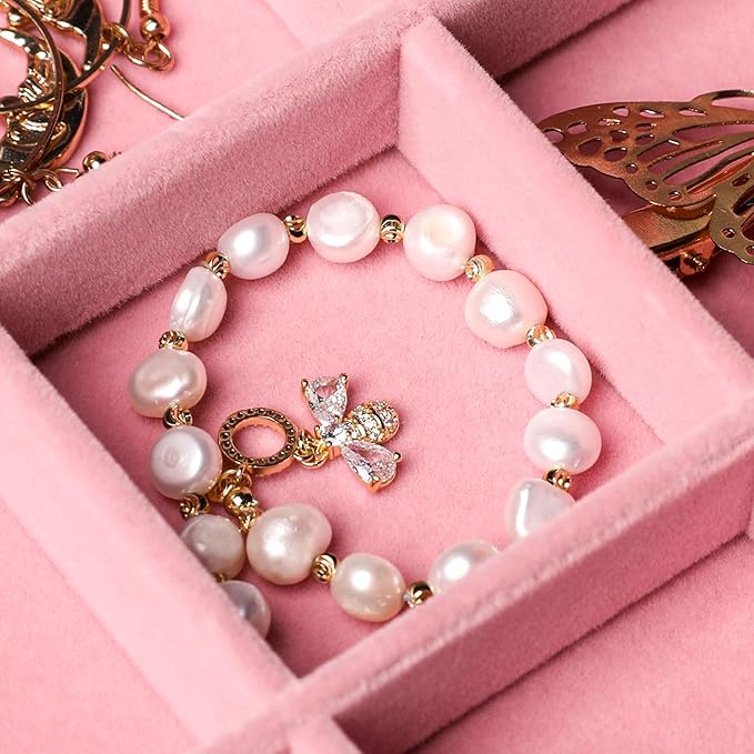 Frebeauty Stackable Velvet Jewelry Organizer Trays for Drawers Inserts Jewelry Storage Tray Display Case, Stud Earrings Bracelets Necklace Rings Accessories Trays for Women(Set of 4)(Pink)