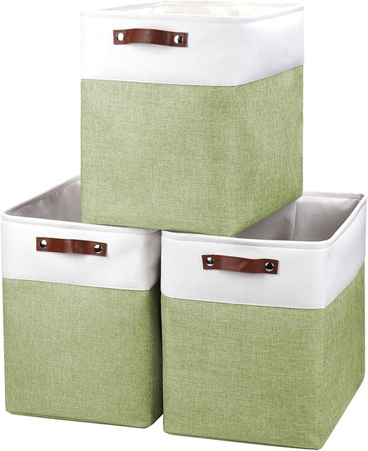 Large Fabric Storage Baskets, 50L Storage Bins, Green&White