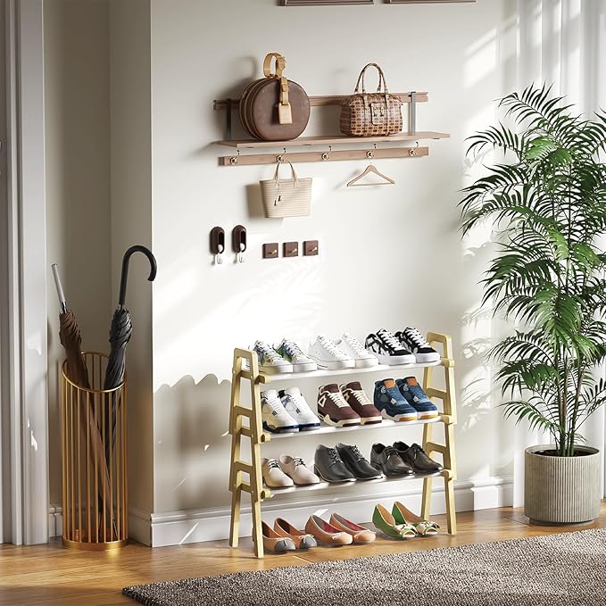 3-Tier Bamboo Shoe Rack Stackable, Shoe Organizer for Entryway and Closet, Modular Small Shoe Storage Shelf, Space-Saving Free Standing, Holds 12-16 Pairs of Shoes, Natural Color