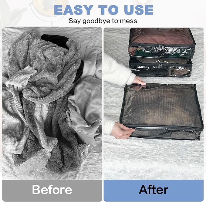 Clear Zippered Storage Bags Plastic Sweater Storage Bags with Zipper 6 Packs Clothing Organizer for Blankets Linen Sweater Bed Sheet Quilt Clothes Pillow (18 x 15 x 9 Inch, Black)