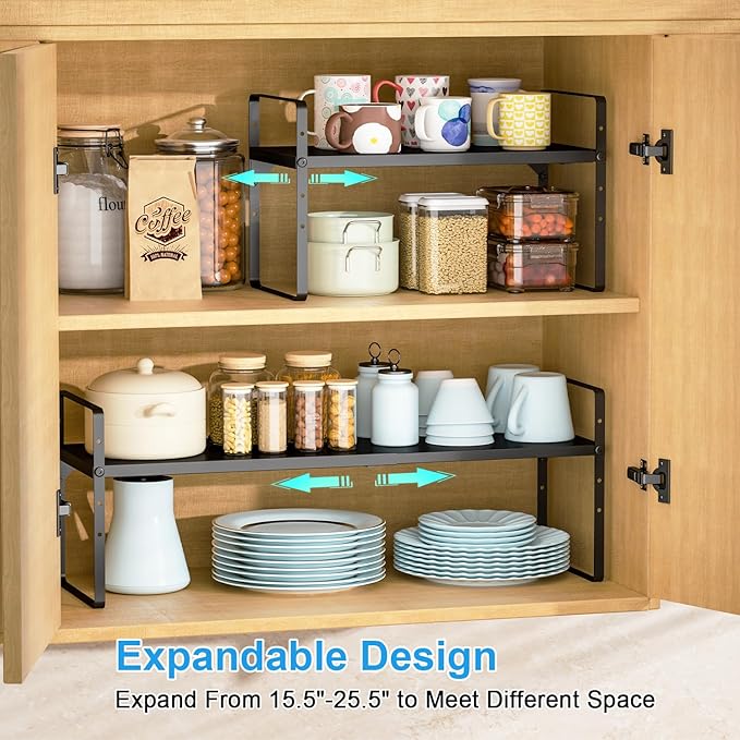 15.5 to 25.5 Inch Kitchen Cabinet Shelf Organizers, Adjustable Kitchen Counter Shelf Organizer, Set of 4 Expandable Countertop Storage Shelves, Stackable Design, 30LBS Heavy Duty, Space Saver