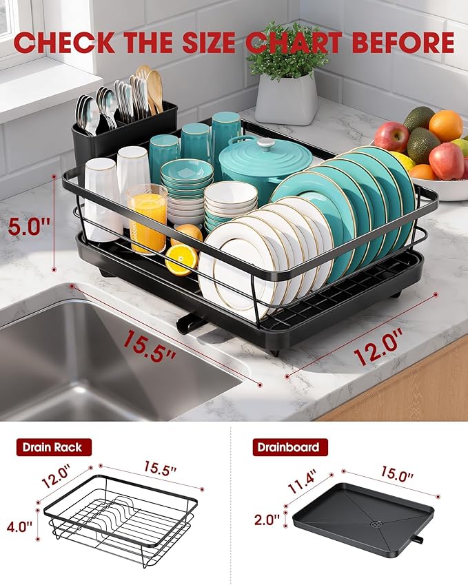Sakugi Stainless Steel Dish Drying Rack for Kitchen Counter, Sink Organization and Storage Essentials with Silverware & Utensil Holder, Home and Apartment Decor, 12''W x 15.5''L, Black