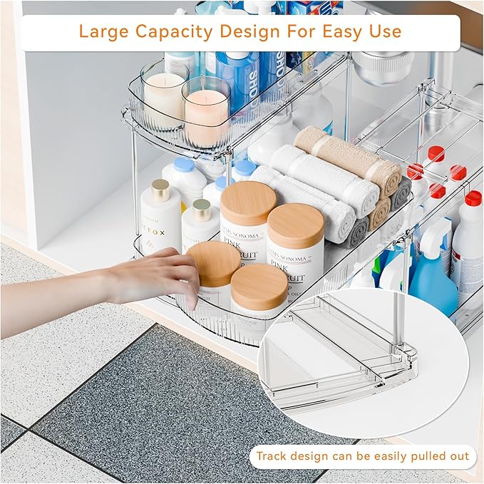 Yieach 2 Pack 13.8″ Deep 2 Tier Under Sink Storage Organizer,Large Pull Out Bathroom Organizers and Storage,Slide Out Acrylic Undersink Storage Shelf,Kitchen Under Sink Organizer for Cleaning Products