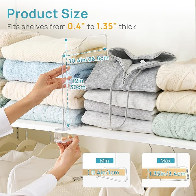 Vtopmart 4 Pack 12in Height Shelf Dividers for Closet Organization, Clear Plastic Closet Shelf Dividers of Upgrade 12in for Maximizing Vertical Space Storage, Organizing Sweater, Jeans, Shirts, Bags