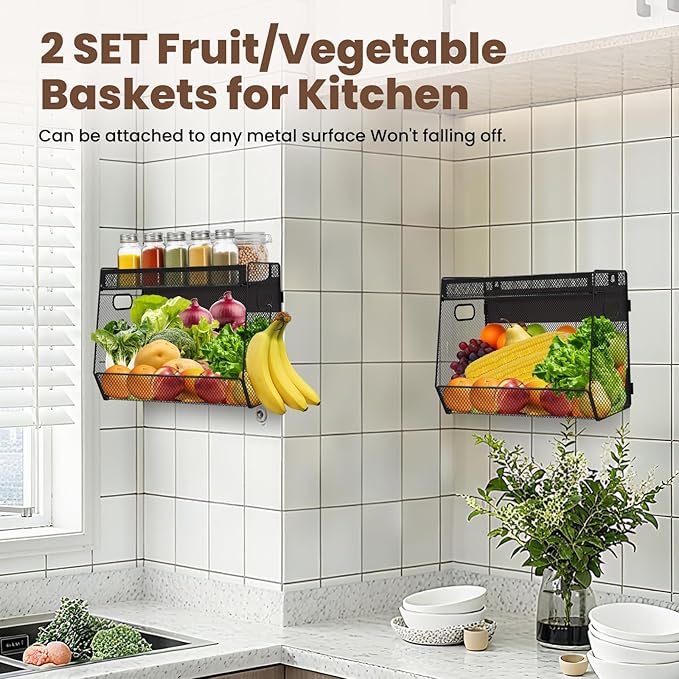 1 SET Magnetic Shelf for Fridge with Lid, Fruit Potato and Onion Storage Bins, Pantry Organizers and Storage, Large Container Magnetic Spice Rack for Refrigerator, Kitchen Counter & Cabinet
