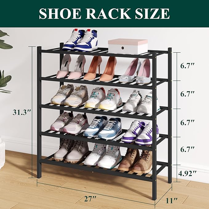 Smiry Bamboo Shoe Rack for Closet, 5 Tier Wooden Shoe Organizer, Stackable Wood Shoe Storage Shelf for Entryway, 14 Vertical Slats, 2+3 Stack Heavy-Duty Legs, 26.77"x11.02"x31.3", Black