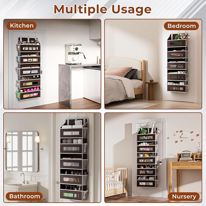 5 Tier Over The Door Organizer - Large Capacity Behind Door Hanging Shelves with 10 Mesh Pockets and Clear Windows, Closet Organizers and Storage for Bathroom, Bedroom, Nursery, Brown