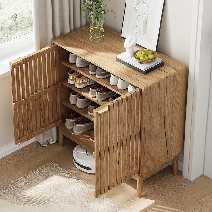 Kiasthome Shoe Storage Cabinet with Ventilated Slatted Doors, Wooden Shoe Organizer, Shoes Rack for Entryway, Hallway, Living Room