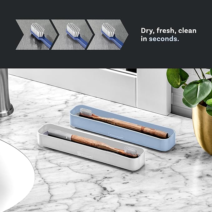 madesmart Toothbrush Tray with Drying Stone, Quick-Dry Organizer for Toothbrushes, Razors, Toothpaste & Bathroom Counter Essentials, Blue
