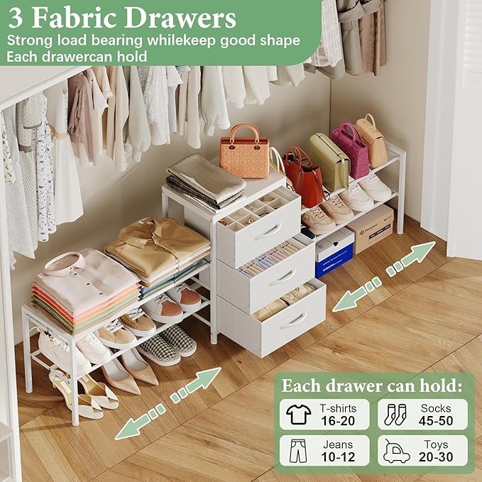 Cidaziya Expandable Closet Organizers and Storage,Wide Long 3 Drawer Dresser,White Fabric Storage Dresser, Clothes Shelves for Kids, Purse Organizer Small Shoe Rack for Closet Bedroom(47.24~71.47in)