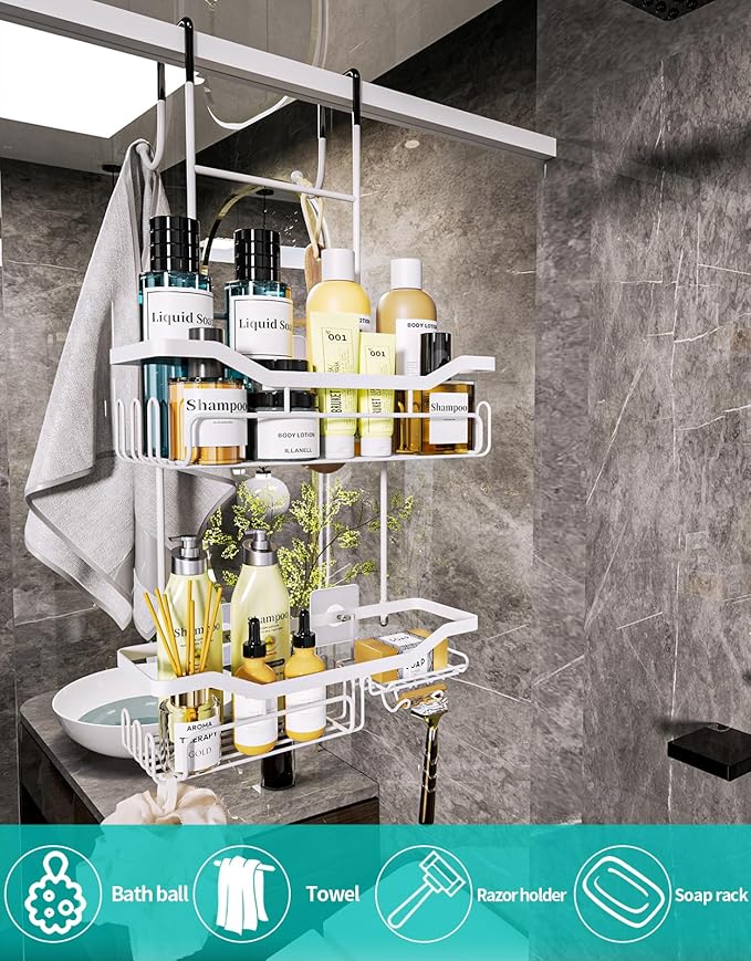 Hanging Shower Caddy Over the Door with Soap Holder, White