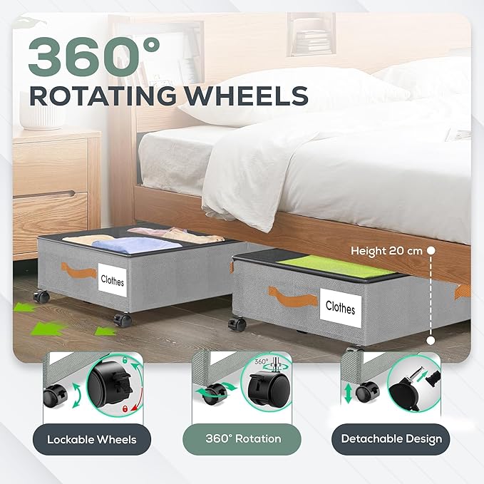 Under Bed Storage with Wheels, 2 Pack (36L Each)| Low Profile Storage Organizer with Clear Window, Double Zipper & 360° Locking Wheels – Rolling Metal Drawer for Clothes, Shoes, & More (Gray)