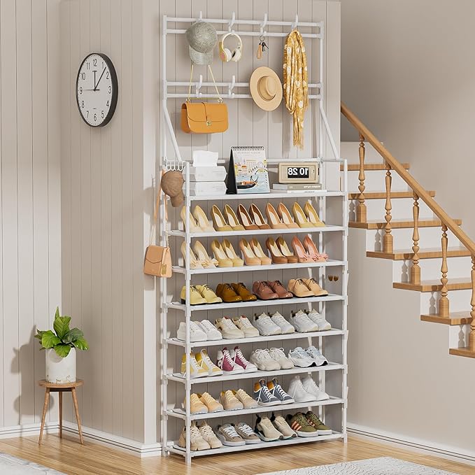 OYREL Shoe Rack 8 Tier Large Shoe Organizer Storage 32-40 Pairs Metal Shoe Storage Rack with Hooks and Side Pocket for Entrance Entryway Closet Shoe Shelf Holder