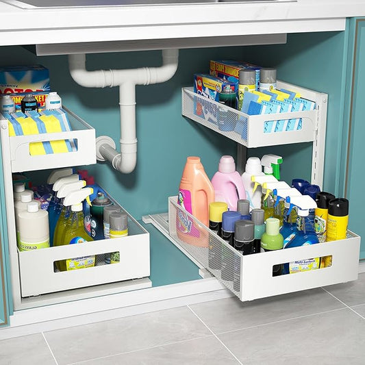 TISTAYA Under Sink Organizer, Bathroom Organizers and Storage, Cabinet Organizer Pottery Barn Furniture for Kitchen, Bathroom, Pantry, Laundry, Study, White，1XL, 2PCS