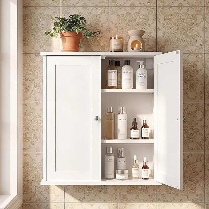 VASAGLE Siren Collection - Bathroom Wall Cabinet, Hanging Bathroom Storage Cabinet, for Medicines, Farmhouse, 2 Adjustable Shelves, 7.9 x 22 x 23.6 Inches, Cloud White UBBK330WB01S