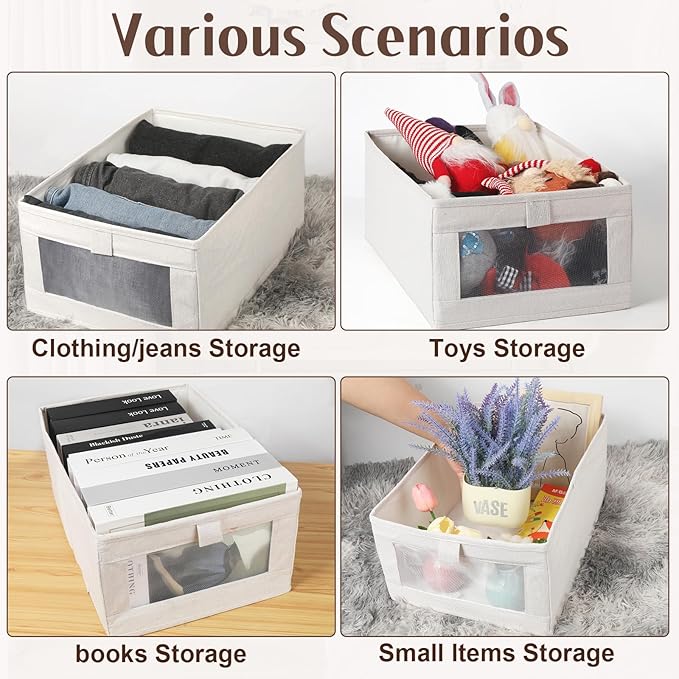 VZZNN 4 Pack Linen Organizers and Storage, Closet Storage Bins Linen Closet Baskets for Organization Foldable Organizer Bins with Clear Window for Organizing Clothing, Beige