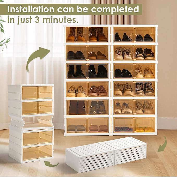 Foldable Shoe Rack Organizer Collapsible Shoe Storage Organizer with Doors, Large Plastic Folding Shoe Rack, Clear Shoe Storage Boxes Easy Assembly Shoe Cabinet for Entryway (2 x 6 Tiers-12 Pairs)