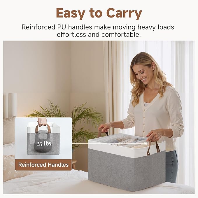 StorageWorks Storage Bins, Fabric Storage Bins for Shelves, Extra Large Storage Baskets with Metal Frame, Closet Baskets and Bins with Handles, Jumbo, Gray and White, 2-Pack
