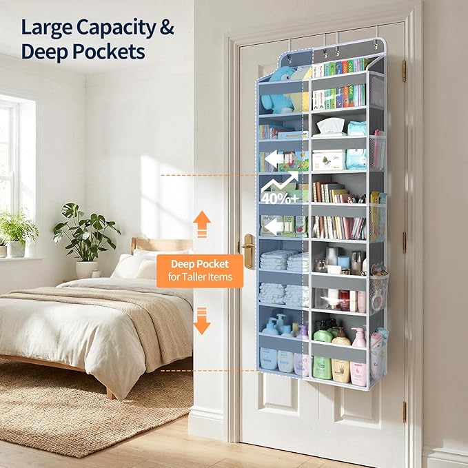 Yecaye Over The Door Organizer, 5 Tier Extra Large Behind Door Storage of 10 Compartments, 80lbs Heavy Duty Door Organizer Hanging with Clear Window for Closet Bedroom Pantry Bathroom, Grey