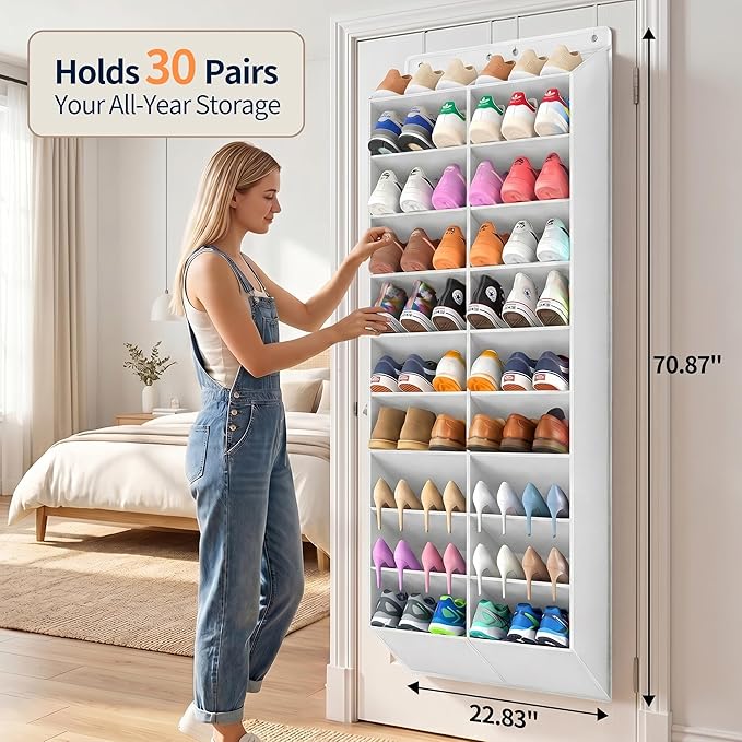 Yecaye 30 Pairs Over the Door Shoe Organizer, Large Capacity Hanging Shoe Rack for Door Hanger with Deep Pockets, Heavy Duty 10 Tier Shoe Holder for Sneakers Boots Heels College Dorm Essentials, White