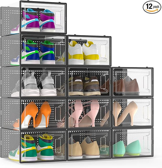 12 Pack XX-Large Clear Shoe Storage Boxes, Black